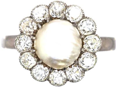 Early 20th Century 18ct White Gold, Natural Pearl & Diamond Cluster Ring