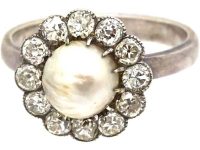 Early 20th Century 18ct White Gold, Natural Pearl & Diamond Cluster Ring