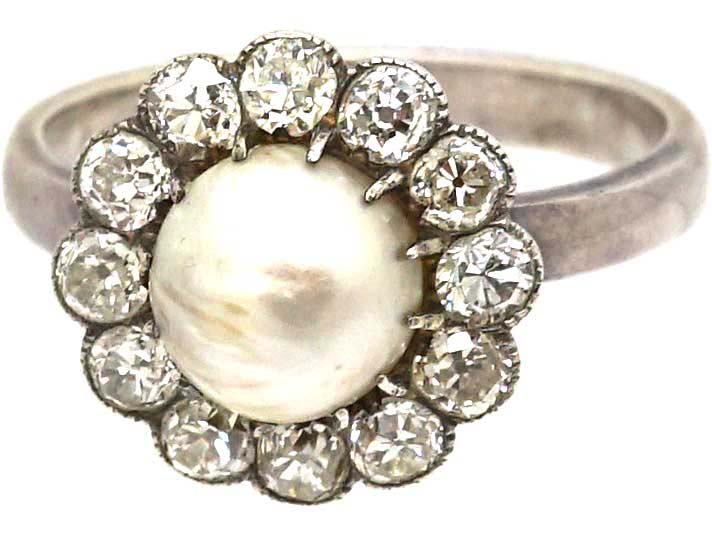 Early 20th Century 18ct White Gold, Natural Pearl & Diamond Cluster Ring