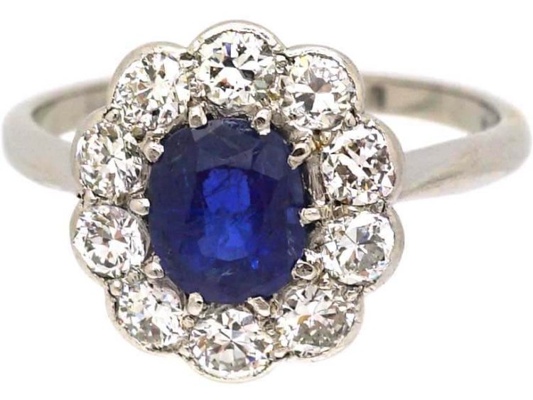 Early 20th Century Platinum, Sapphire & Diamond Oval Cluster Ring