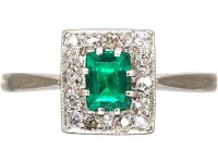 Art Deco 18ct White Gold & Platinum Emerald & Diamond Rectangular Ring