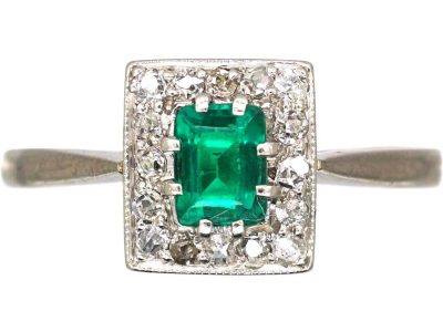 Art Deco 18ct White Gold & Platinum Emerald & Diamond Rectangular Ring