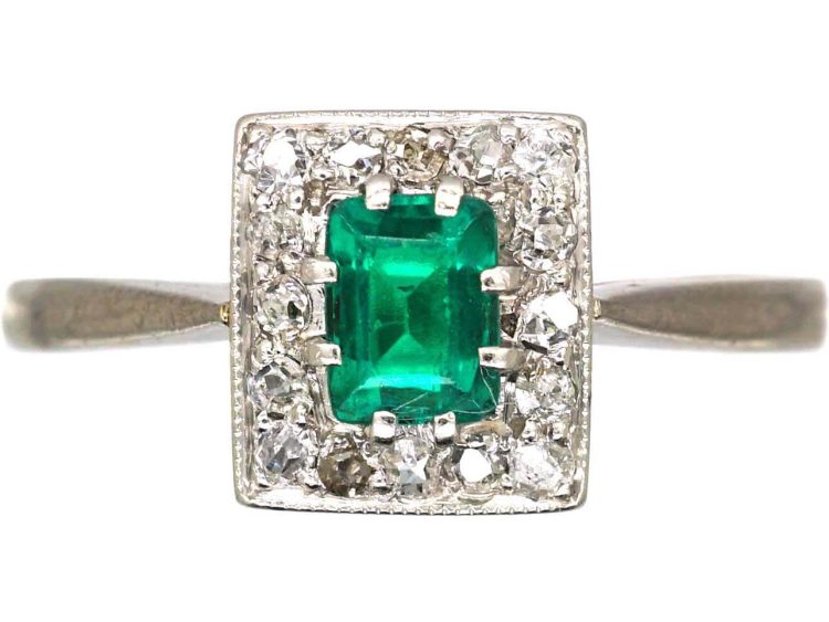 Art Deco 18ct White Gold & Platinum Emerald & Diamond Rectangular Ring