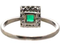Art Deco 18ct White Gold & Platinum Emerald & Diamond Rectangular Ring