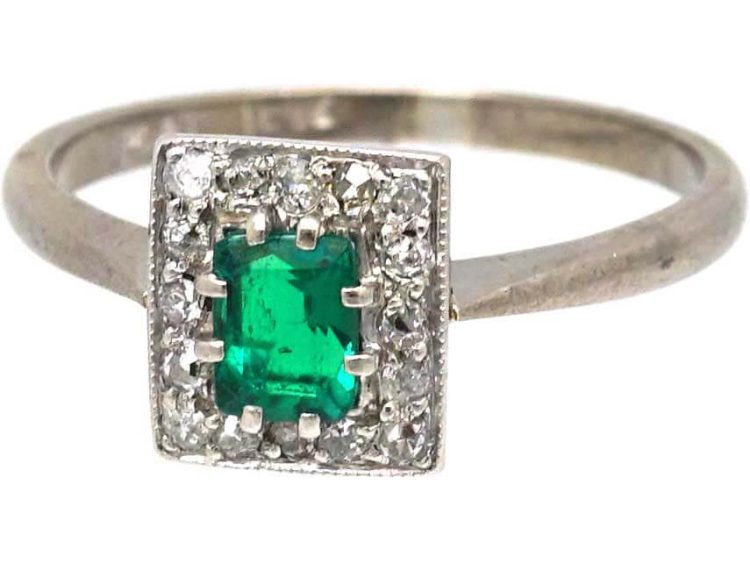 Art Deco 18ct White Gold & Platinum Emerald & Diamond Rectangular Ring