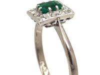 Art Deco 18ct White Gold & Platinum Emerald & Diamond Rectangular Ring