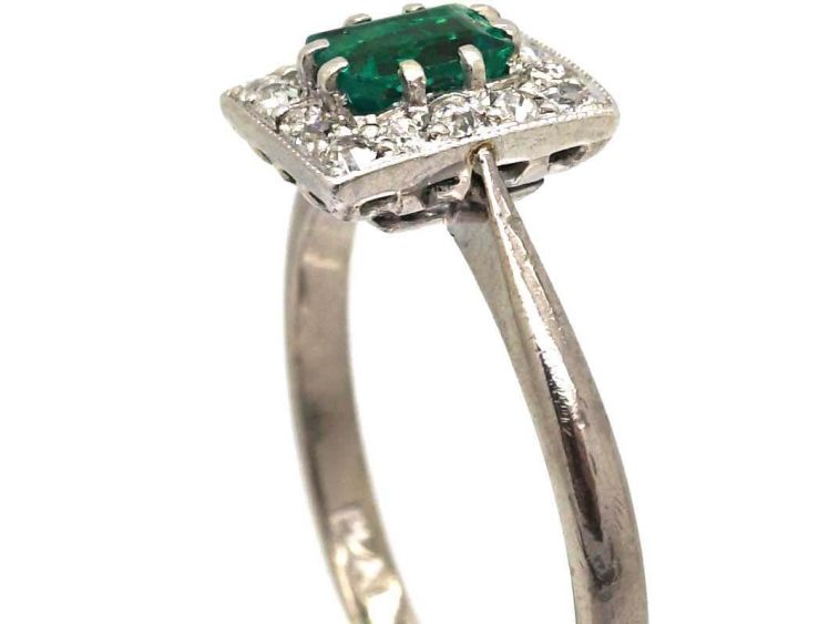 Art Deco 18ct White Gold & Platinum Emerald & Diamond Rectangular Ring