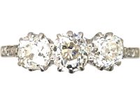 Early 20th Century 18ct White Gold & Platinum, Three Stone Diamond Ring with Diamond set Shoulders