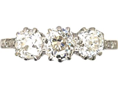 Early 20th Century 18ct White Gold & Platinum, Three Stone Diamond Ring with Diamond set Shoulders