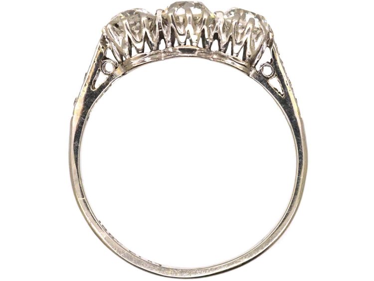 Early 20th Century 18ct White Gold & Platinum, Three Stone Diamond Ring with Diamond set Shoulders
