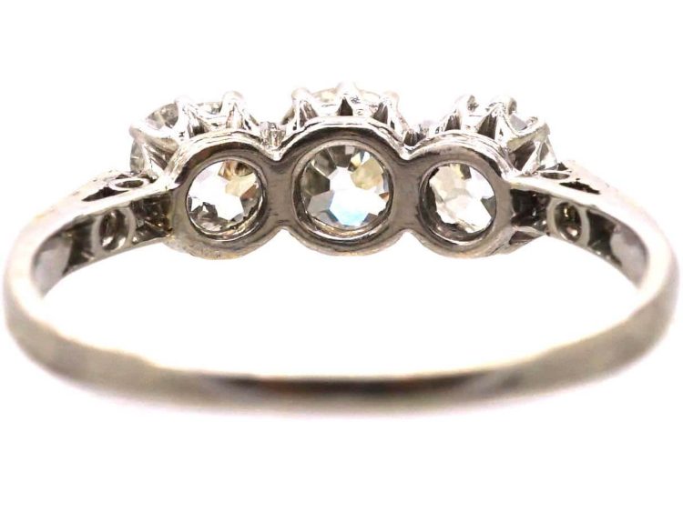 Early 20th Century 18ct White Gold & Platinum, Three Stone Diamond Ring with Diamond set Shoulders