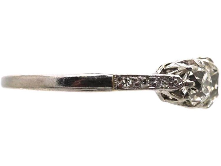 Early 20th Century 18ct White Gold & Platinum, Three Stone Diamond Ring with Diamond set Shoulders