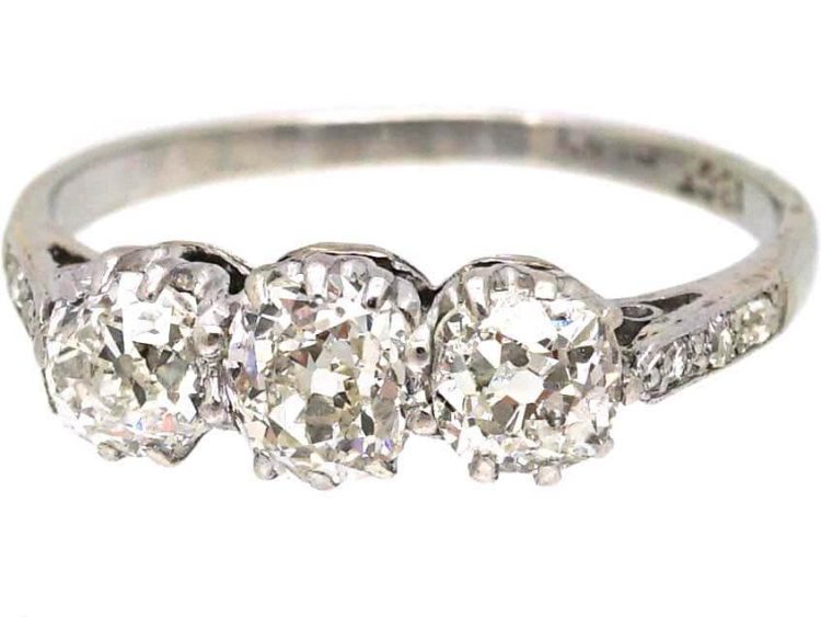 Early 20th Century 18ct White Gold & Platinum, Three Stone Diamond Ring with Diamond set Shoulders