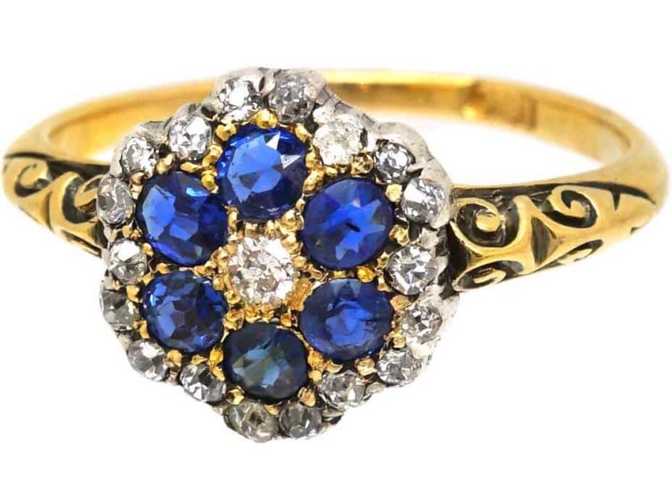 Edwardian 18ct Gold Sapphire & Diamond Flower Cluster Ring