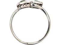 Art Deco Platinum Crossover Ring set with Two Emeralds & Diamonds