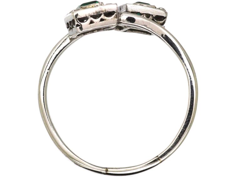 Art Deco Platinum Crossover Ring set with Two Emeralds & Diamonds