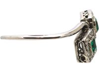 Art Deco Platinum Crossover Ring set with Two Emeralds & Diamonds