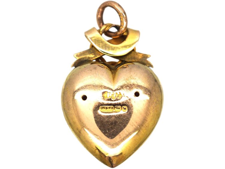 Victorian 9ct Gold Heart & Bow Pendant set with Rubies & a Diamond