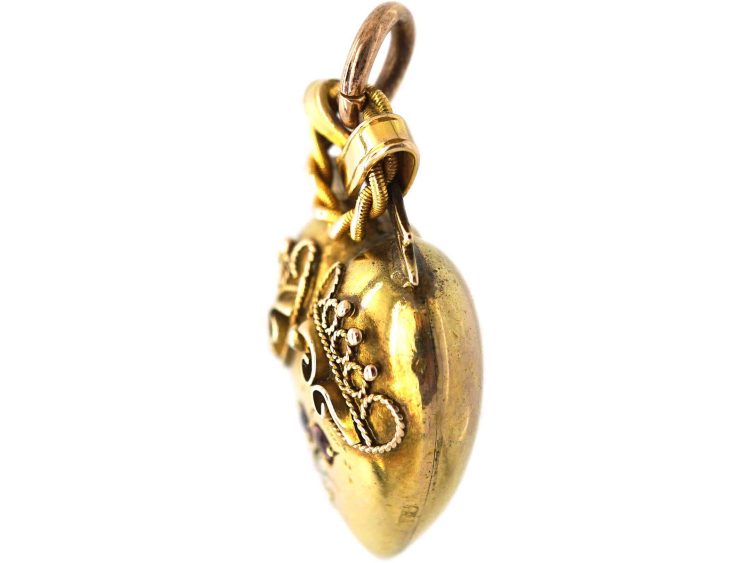 Victorian 9ct Gold Heart & Bow Pendant set with Rubies & a Diamond
