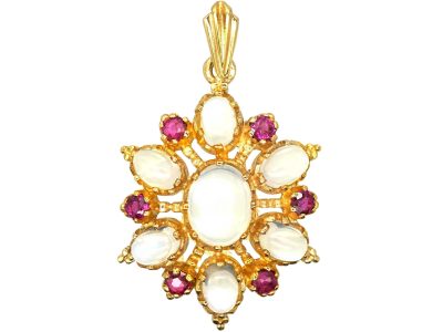 Vintage 9ct Gold Pendant set with Moonstones & Rubies