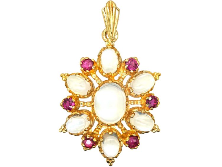 Vintage 9ct Gold Pendant set with Moonstones & Rubies