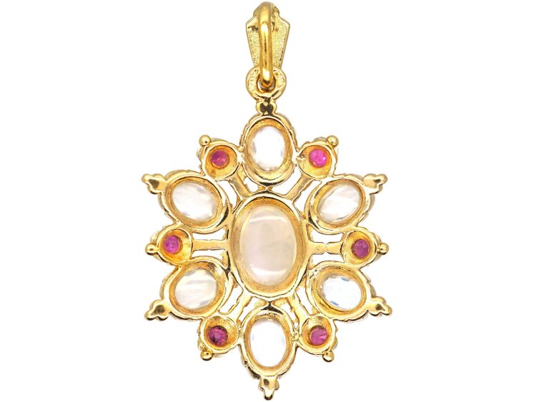 Vintage 9ct Gold Pendant set with Moonstones & Rubies