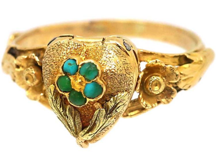 Early 19th Century 15ct Two Colour Gold Heart Shaped Locket Ring set with Turquoise