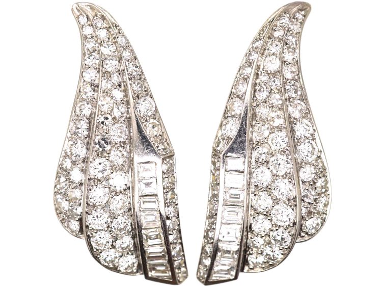 Art Deco French 18ct White Gold Angel's Wing Earrings set with Diamonds