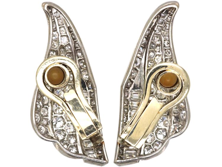 Art Deco French 18ct White Gold Angel's Wing Earrings set with Diamonds