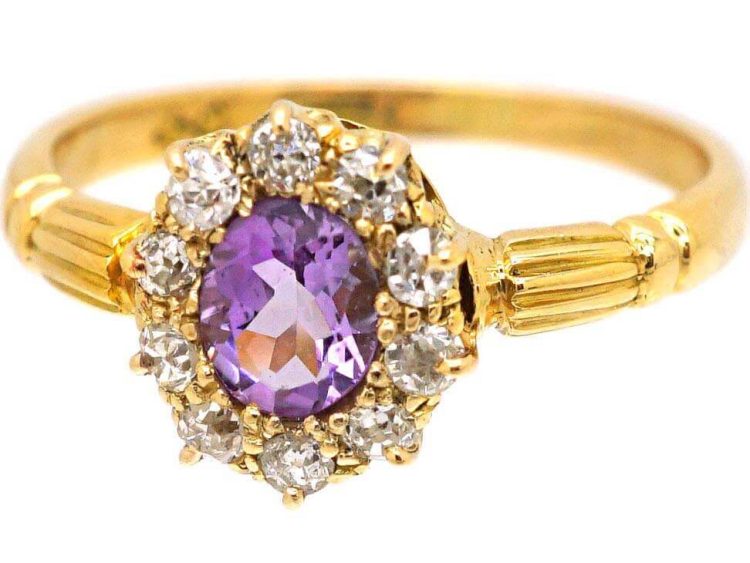 Edwardian 18ct Gold, Amethyst & Diamond Oval Cluster Ring
