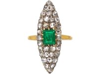 19th Century French Import 18ct Gold & Silver Marquise Ring set with an Emerald & Rose Diamonds
