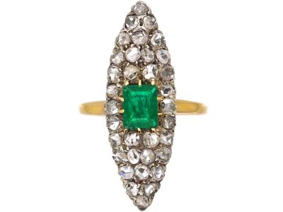19th Century French Import 18ct Gold & Silver Marquise Ring set with an Emerald & Rose Diamonds