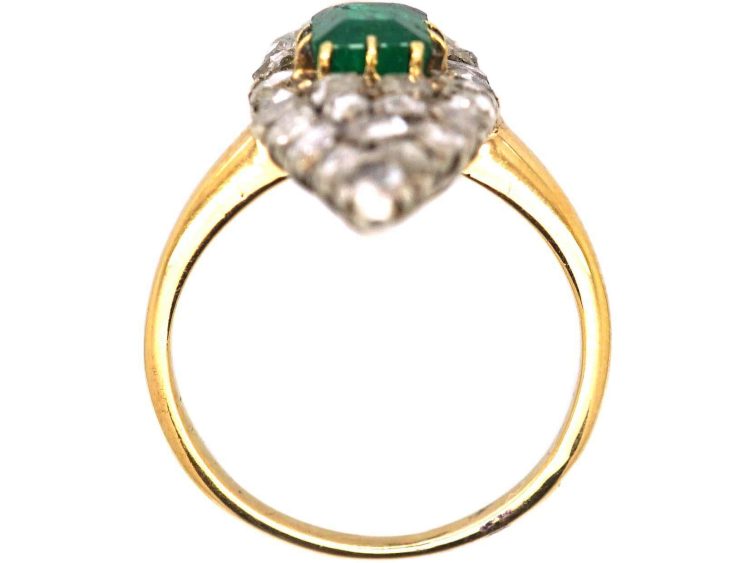 19th Century French Import 18ct Gold & Silver Marquise Ring set with an Emerald & Rose Diamonds