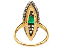 19th Century French Import 18ct Gold & Silver Marquise Ring set with an Emerald & Rose Diamonds