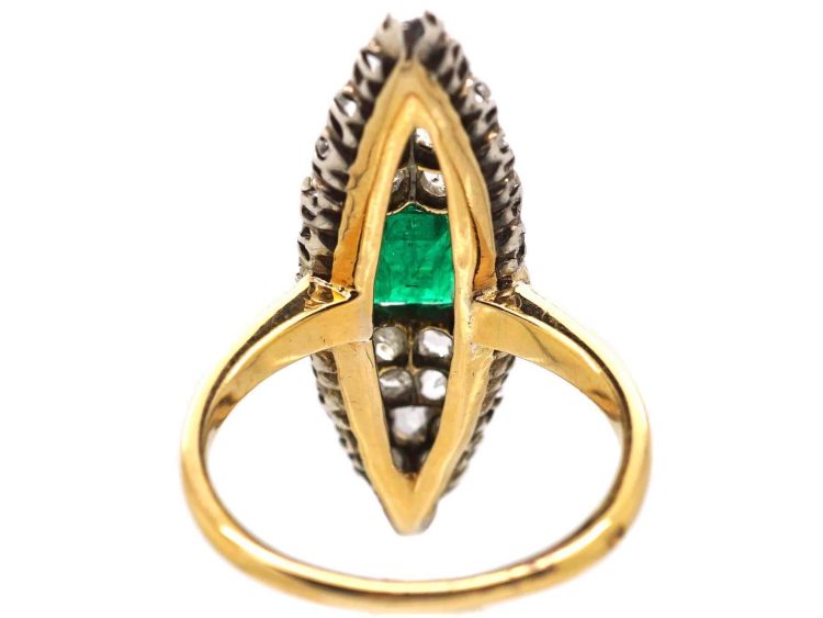 19th Century French Import 18ct Gold & Silver Marquise Ring set with an Emerald & Rose Diamonds