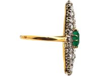 19th Century French Import 18ct Gold & Silver Marquise Ring set with an Emerald & Rose Diamonds