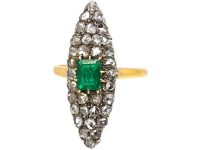 19th Century French Import 18ct Gold & Silver Marquise Ring set with an Emerald & Rose Diamonds