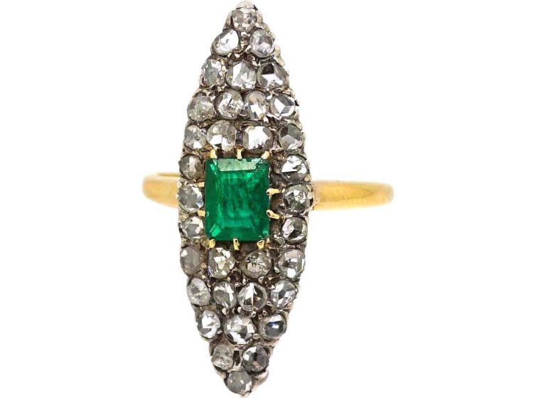 19th Century French Import 18ct Gold & Silver Marquise Ring set with an Emerald & Rose Diamonds