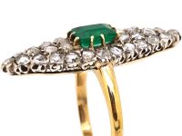 19th Century French Import 18ct Gold & Silver Marquise Ring set with an Emerald & Rose Diamonds