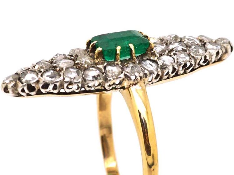 19th Century French Import 18ct Gold & Silver Marquise Ring set with an Emerald & Rose Diamonds