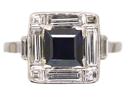 Art Deco 18ct White Gold Square Ring set with a Sapphire & Baguette Cut & Round Diamonds