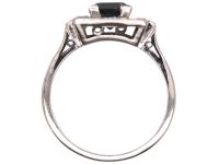 Art Deco 18ct White Gold Square Ring set with a Sapphire & Baguette Cut & Round Diamonds