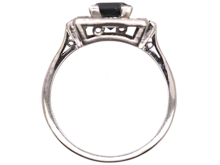 Art Deco 18ct White Gold Square Ring set with a Sapphire & Baguette Cut & Round Diamonds