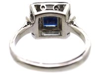 Art Deco 18ct White Gold Square Ring set with a Sapphire & Baguette Cut & Round Diamonds