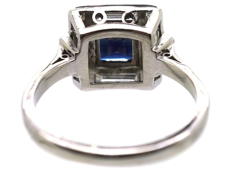Art Deco 18ct White Gold Square Ring set with a Sapphire & Baguette Cut & Round Diamonds