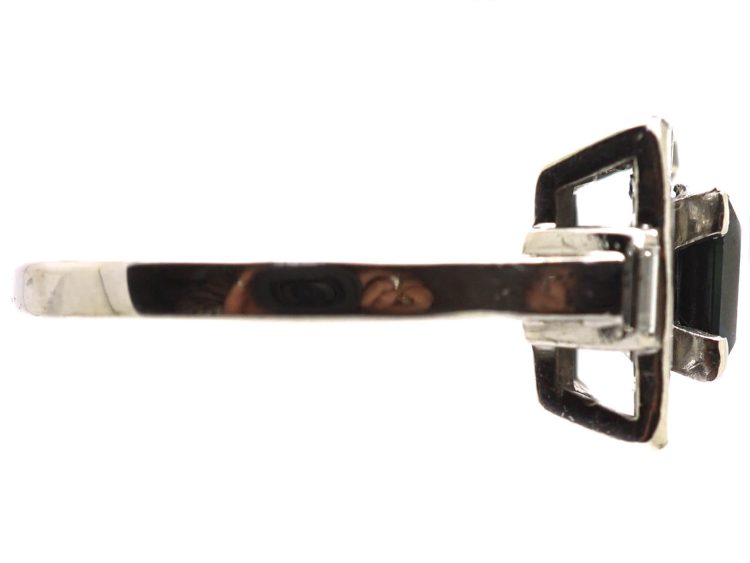 Art Deco 18ct White Gold Square Ring set with a Sapphire & Baguette Cut & Round Diamonds