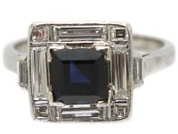 Art Deco 18ct White Gold Square Ring set with a Sapphire & Baguette Cut & Round Diamonds