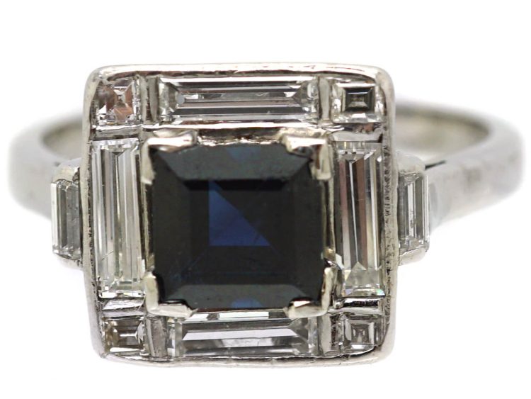 Art Deco 18ct White Gold Square Ring set with a Sapphire & Baguette Cut & Round Diamonds
