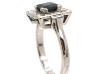 Art Deco 18ct White Gold Square Ring set with a Sapphire & Baguette Cut & Round Diamonds
