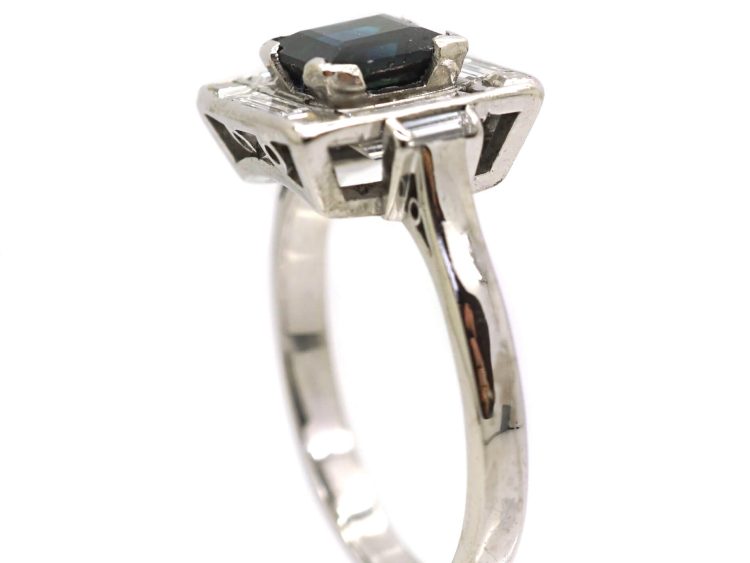 Art Deco 18ct White Gold Square Ring set with a Sapphire & Baguette Cut & Round Diamonds